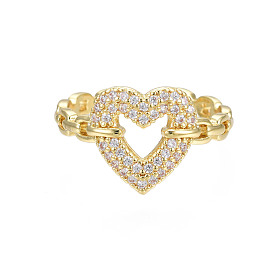 Anillo de puño abierto con corazón de circonita cúbica, anillo grueso de latón chapado en oro real 18k para mujer, sin níquel