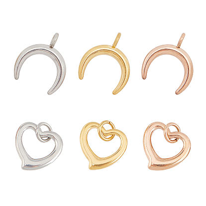 24Pcs 3 Colors 2 Style 304 Stainless Steel Pendants, Double Horn/Crescent Moon & Heart