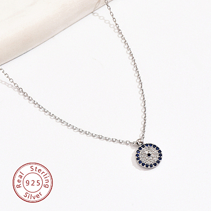 Rhodium Plated 925 Sterling Silver Micro Pave Cubic Zirconia Pendant Necklaces, Evil Eye