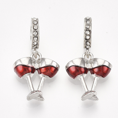 Alloy European Dangle Charms, with Rhinestone and Enamel, Large Hole Pendants, Wine Glass, Crystal