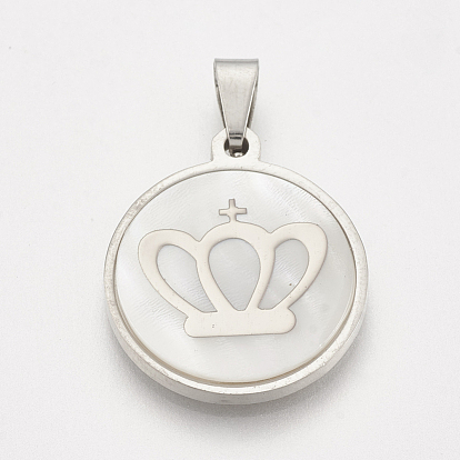 201 Stainless Steel Pendants, with Shell, Flat Round with Crown