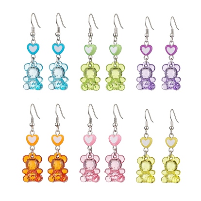6Pairs 6 Colors Acrylic Dangle Earrings, with Brass Earring Hooks, Bear with Heart, Platinum