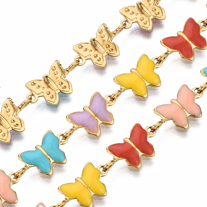 304 Stainless Steel & Enamel Link Chains, with Spool, Unwelded, Real 16K Gold Plated, Nickel Free, Butterfly