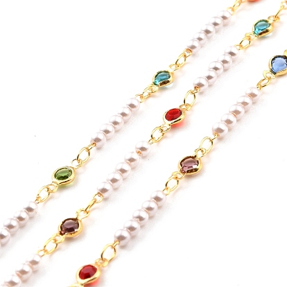 Handmade Brass Glass Flat Round Link Chains, with Acrylic Imitation Pearl, Soldered, with Spool, Long-Lasting Plated, Golden