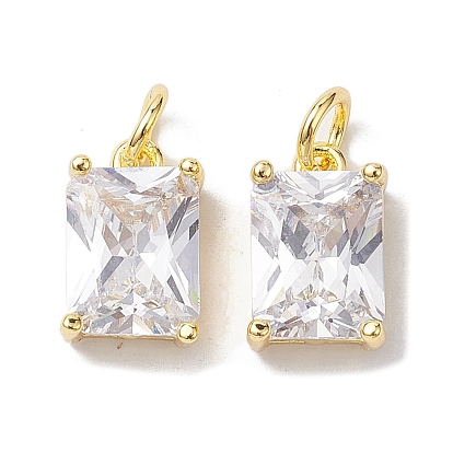 Brass Micro Pave Clear Cubic Zirconia Pendants, with Jump Ring, Rectangle Charms