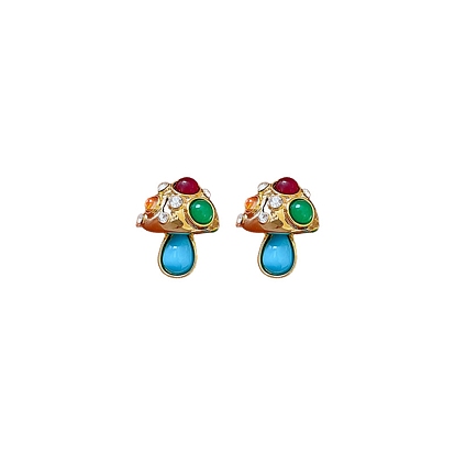Crystal Rhinestone Mushroom Stud Earrings with Colorful Resin Beaded, Alloy Earrings with 925 Sterling Silver Pins for Women