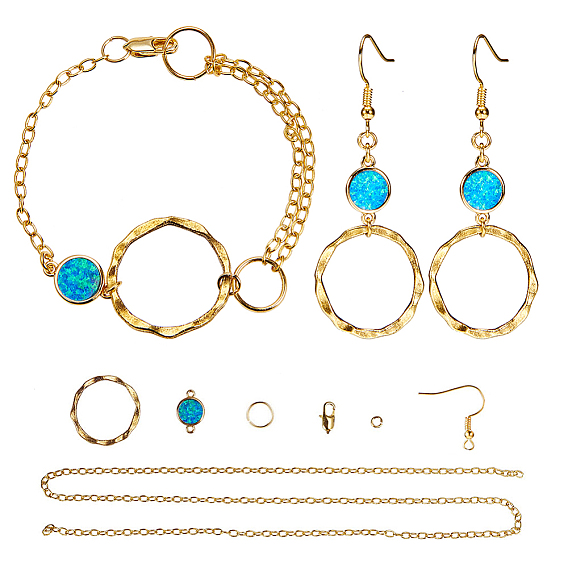 DIY Earring Making, Tibetan Style Linking Rings, Brass Lobster Claw Clasps, Brass Earring Hooks, Unwelded Brass Cable Chains and Brass Links, with Synthetic Opal