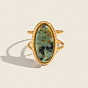304 Stainless Steel with Natural Gemstone Cuff Open Rings for Women, Oval, Ion Plating(IP)