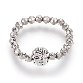 Electroplate Non-magnetic Synthetic Hematite Stretch Rings, with Alloy Buddha Beads, Faceted, Round