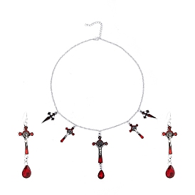 FireBrick Enamel Crucifix Cross with Plastic Teardrop Pendant Necklace & Dangle Earrings, Halloween Theme Alloy Jewelry Set for Women