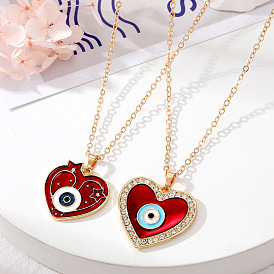 Radiant Red Heart Devil Eye Oil Drop Necklace with Diamond Pendant