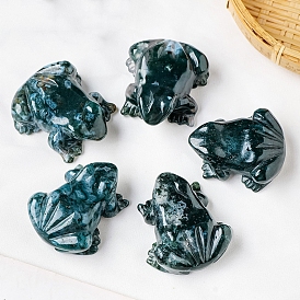 Natural Moss Agate Carved Frog Figurines, for Home Office Desktop Decoration