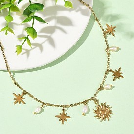 304 Stainless Steel & 201 Stainless Steel Sun Star Pendant Necklaces with Natural Pearl Beads for Women, White