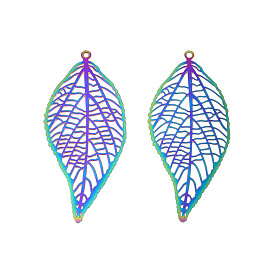 Ion Plating(IP) 201 Stainless Steel Filigree Big Pendants, Etched Metal Embellishments, Leaf