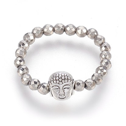 Electroplate Non-magnetic Synthetic Hematite Stretch Rings, with Alloy Buddha Beads, Faceted, Round