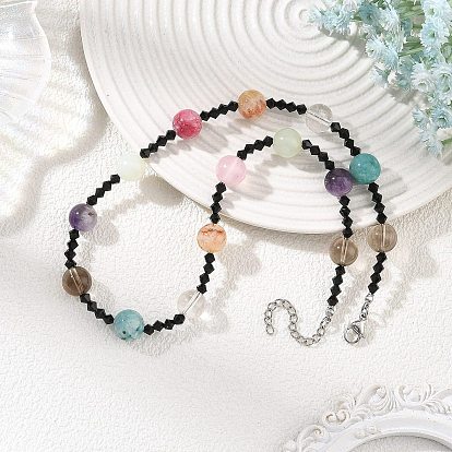 Collares redondos de piedra natural mixta y cuentas de vidrio bicónicas negras para mujer., color acero inoxidable