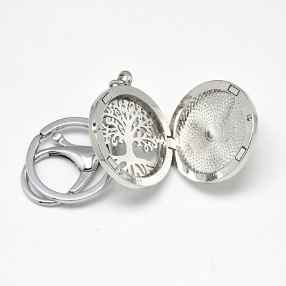 Iron Diffuser Locket Keychain, with Alloy Findings, 304 Stainless Steel Findings and Random Single Color Non-Woven Fabric Cabochons Inside, Magnetic, Flat Round with Tree of Life