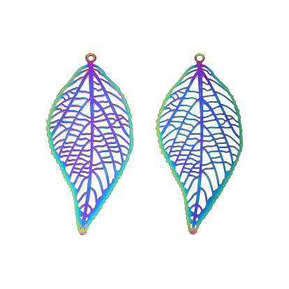 Ion Plating(IP) 201 Stainless Steel Filigree Big Pendants, Etched Metal Embellishments, Leaf