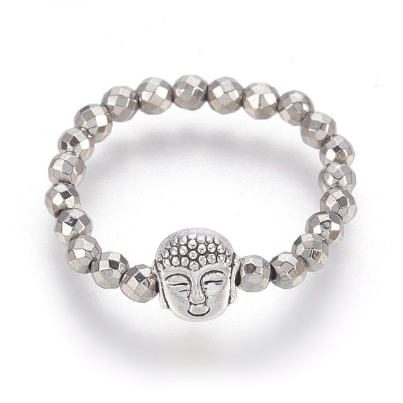 Electroplate Non-magnetic Synthetic Hematite Stretch Rings, with Alloy Buddha Beads, Faceted, Round