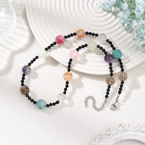 Round Natural Mixed Stone and Black Bicone Glass Beaded Necklaces for Women, Stainless Steel Color