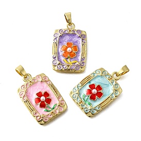 Латунь эмаль подвески, с ABS имитации жемчуга, Прямоугольник с цветком, без кадмия и без свинца, долговечный, стойки покрытие, реальный 18 k позолоченный