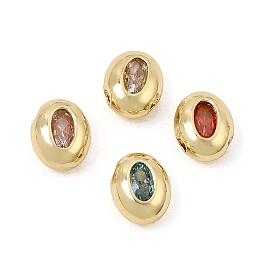 Brass Pave Cubic Zirconia Beads, Oval, Rack Plating, Long-Lasting Plated, Lead Free & Cadmium Free, Real 18K Gold Plated