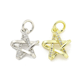 Rack Plating Brass Micro Pave Clear Cubic Zirconia Pendants, Cadmium Free & Lead Free, Long-Lasting Plated, Star