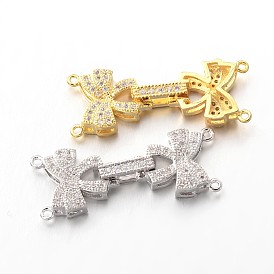 Bowknot Brass Micro Pave Cubic Zirconia Fold Over Clasps, Lead Free & Nickel Free, 34x14x4mm, Hole: 1mm