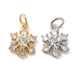 Rack Plating Brass Micro Pave Cubic Zirconia Pendants, Long-Lasting Plated, Cadmium Free & Lead Free, with Jump Ring, Snowflake Charm