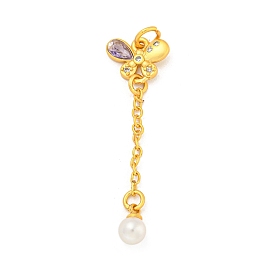 Rack Plating Brass Micro Pave Cubic Zirconia Pendants, with ABS Imitation Pearl Beads, Long-Lasting Plated, Cadmium Free & Lead Free, Teardrop with Butterfly, with Jump Rings