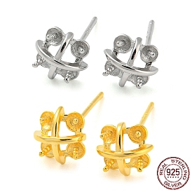 925 Sterling Silver Stud Earring Findings, Earring Settings for Half Drilled Beads, with S925 Stamp