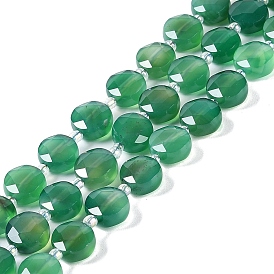 Natural Green Onyx Agate(Dyed & Heated) Beads Strands, with Seed Beads, Faceted Hexagonal Cut, Flat Round