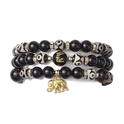 3piezas 3 estilos 8mm redondo natural tibetano 3-ojo dzi ágata y obsidiana sin ojos conjuntos de pulseras elásticas con cuentas, Pulseras apilables con dijes de aleación de elefante en tono dorado para mujeres y hombres