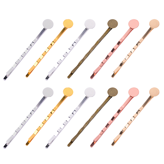 Iron Hair Bobby Pin Findings, with Brass Flat Round Cabochon Settings