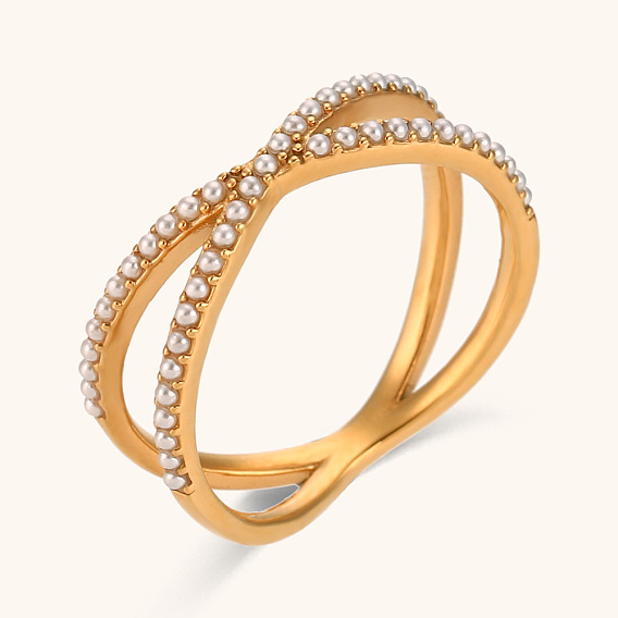 Crossed Circles Pearl Ring - Elegant Stainless Steel Gold Plated Jewelry for Women