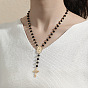 Glass Rosary Bead Necklace, Golden Brass Cross & Jesus Pendant Necklace