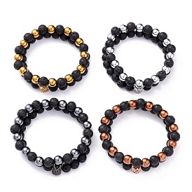 Natural Lava Rock & Non-magnetic Synthetic Hematite Round Beads Energy Power Stretch Bracelets Sett, Crown Brass Cubic Zirconia Beads Bracelet for Girl Women
