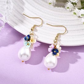 Серьги-подвески в форме капли с гальваническим покрытием, жемчугом из ракушечника и цветами из смолы., с золотистым оттенком 304 крючок из нержавеющей стали