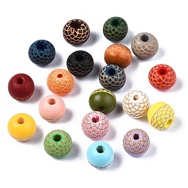 Painted Natural Wood Beads, Laser Engraved Pattern, Round