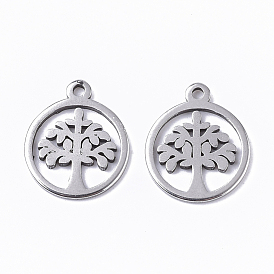 201 Stainless Steel Charms, Flat Round with Tree of Life
