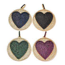 Латунные микро проложить кубического циркония подвески, плоский круглый с сердечками, стойки покрытие, прочное покрытие, без кадмия и без свинца, реальный 18 k позолоченный