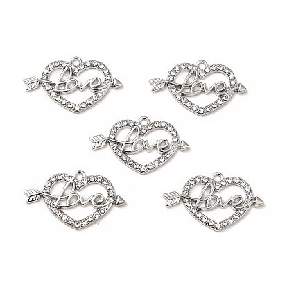 Rack Plating Alloy Rhinestone Pendants, Cadmium Free & Lead Free, Heart with Word Love