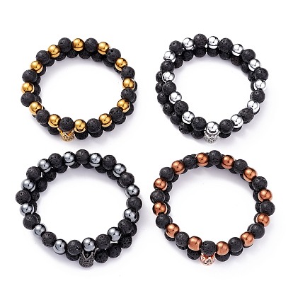Natural Lava Rock & Non-magnetic Synthetic Hematite Round Beads Energy Power Stretch Bracelets Sett, Crown Brass Cubic Zirconia Beads Bracelet for Girl Women