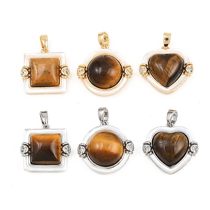 Подвески из натурального тигрового глаза и пресноводных ракушек, с латунными вставками из прозрачных кубических цирконий