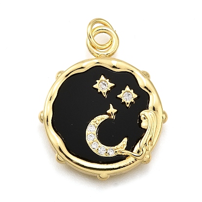 Латунные микро проложить кубического циркония подвески, Плоский круглый с луной и звездой, cmолой, стойки покрытие, долговечный, без свинца и без кадмия, с целью перехода в кольце