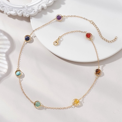 7 Ожерелье из круглых бусин из натуральных смешанных камней чакры, латунная цепочка., Ожерелья из целебных кристаллов для йоги и медитации