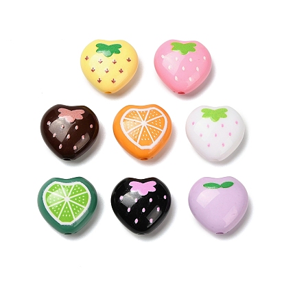 Печатные непрозрачные акриловые бусины, сердце с фруктовым узором