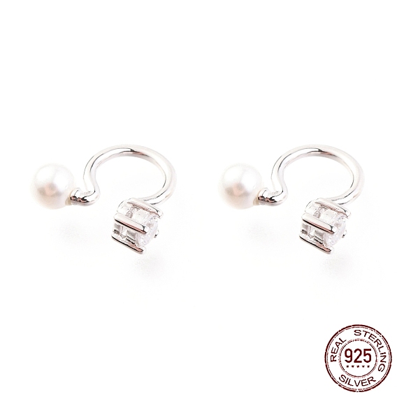 925 Sterling Silver Cuff Earrings, with Cubic Zirconia and Shell Pearl Round Beads, with S925 Stamp, White