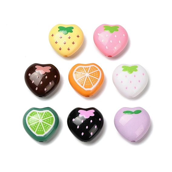 Печатные непрозрачные акриловые бусины, сердце с фруктовым узором