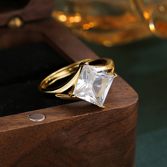 Adjustable Brass Pave Cubic Zirconia Finger Rings, Rhombus